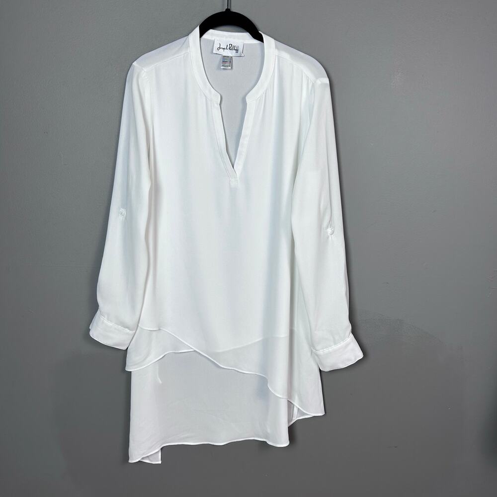 Joseph Ribkoff blouse top size 8 white roll cuff tiered‎ long